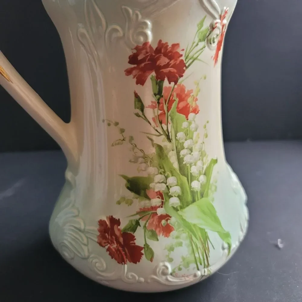 Vtg Pitcher Grandma Core Pitcher Vase Signed RS Prussia Gold Blue 9